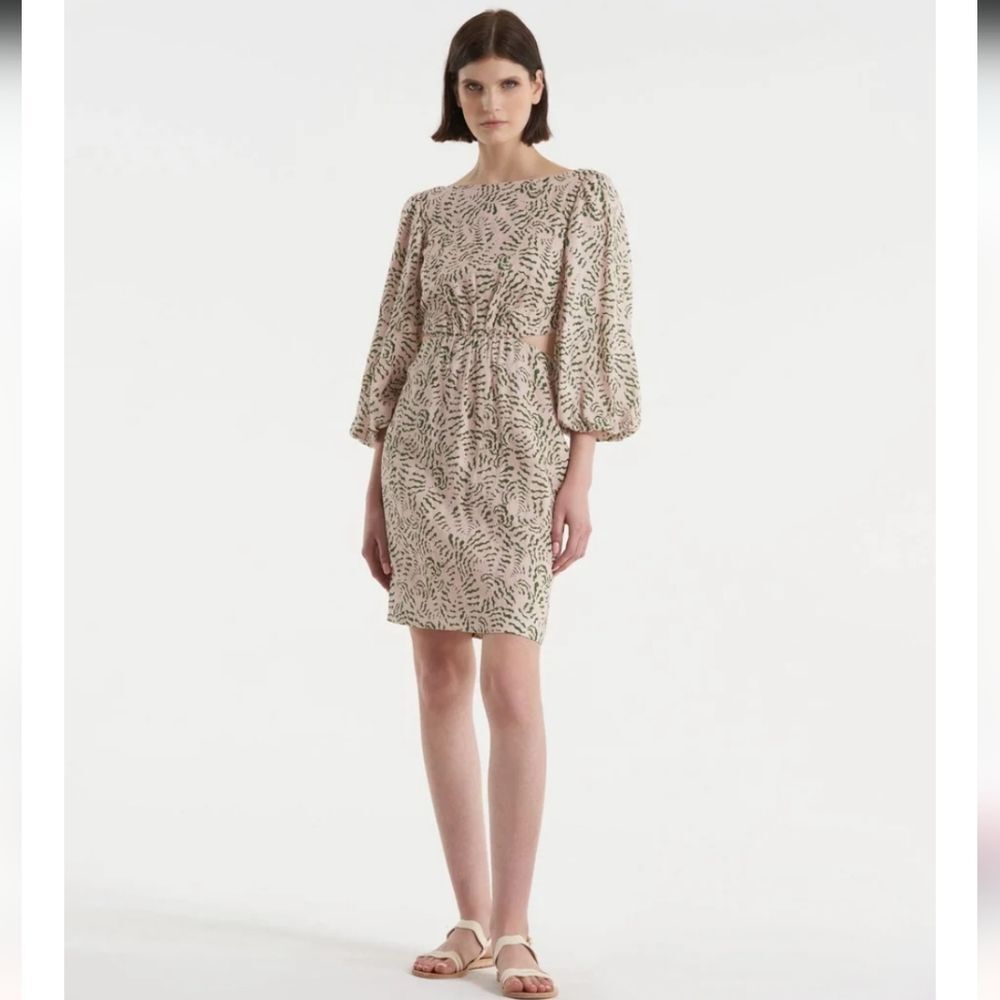 SALONI Neelam Size 2 Boho Pink Green Dazzle Print Linen Puff Sleeves Mini Dress